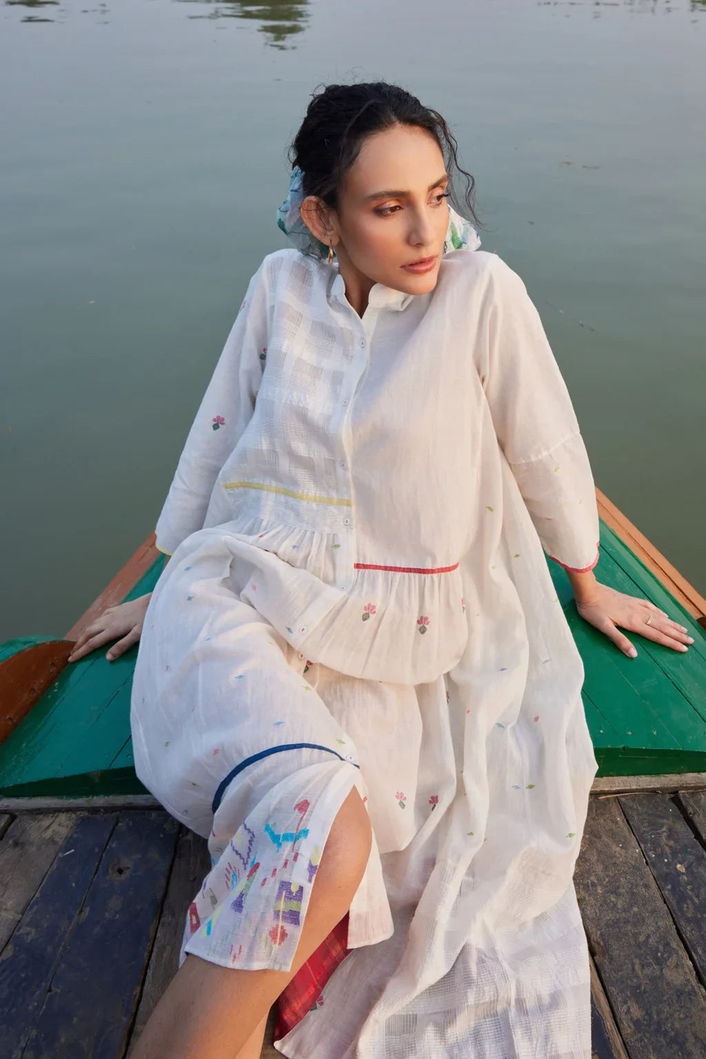 Sarron Aarvi Dress, white checked cotton Jamdani dress with single colour stripes and a shirt collar.