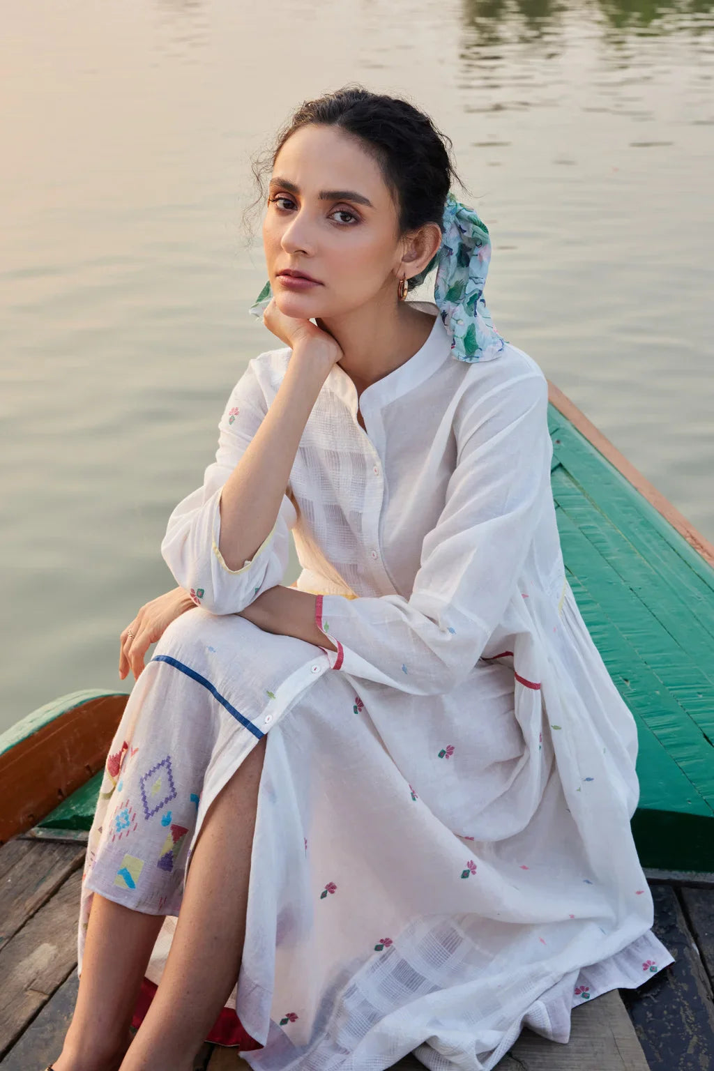 Sarron Aarvi Dress, white checked cotton Jamdani dress with single colour stripes and a shirt collar.