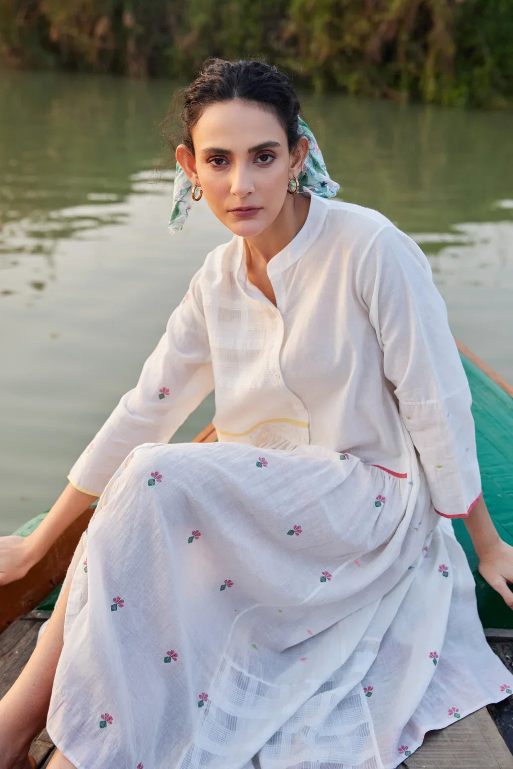 Sarron Aarvi Dress, white checked cotton Jamdani dress with single colour stripes and a shirt collar.
