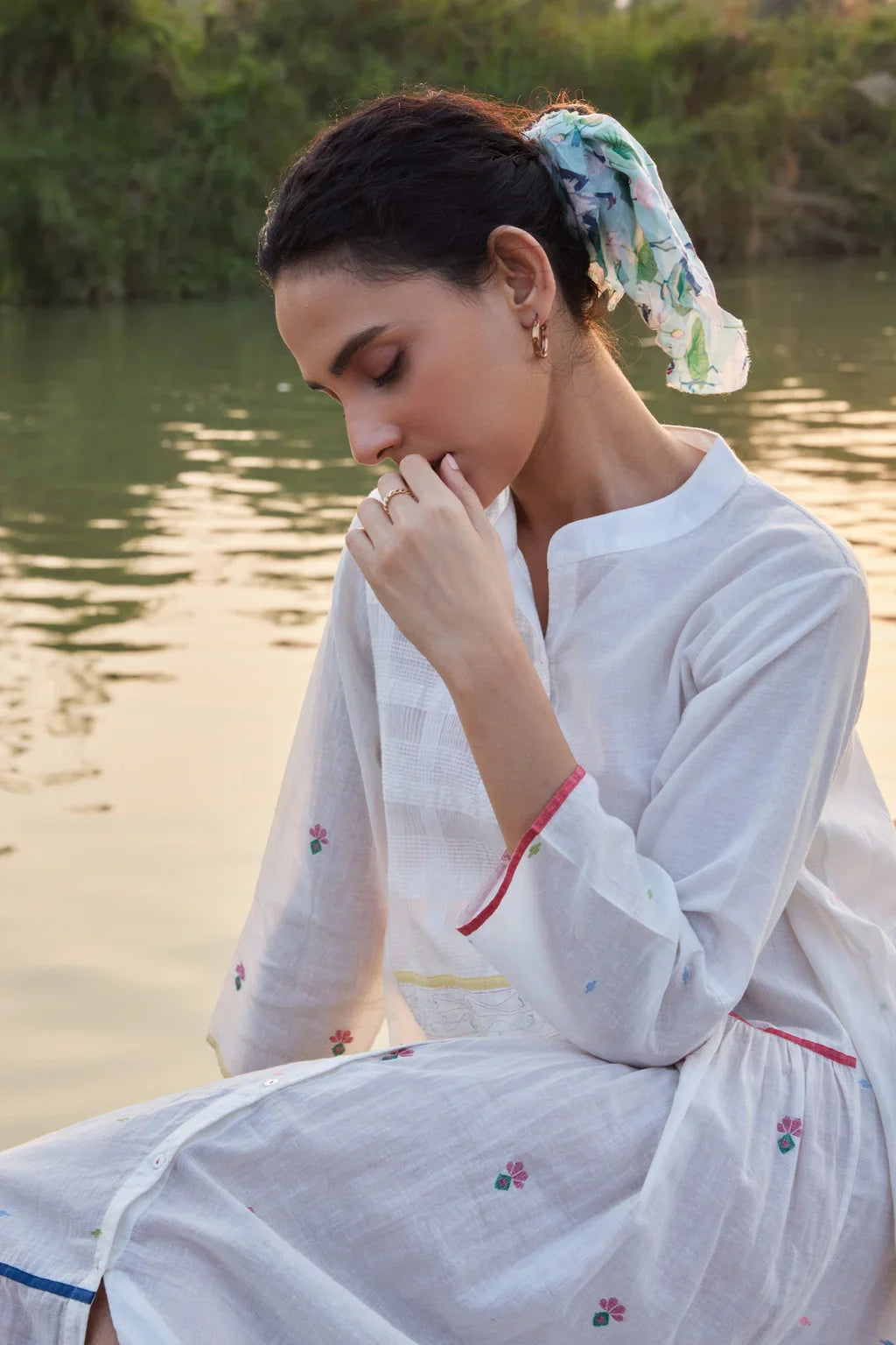 Sarron Aarvi Dress, white checked cotton Jamdani dress with single colour stripes and a shirt collar.