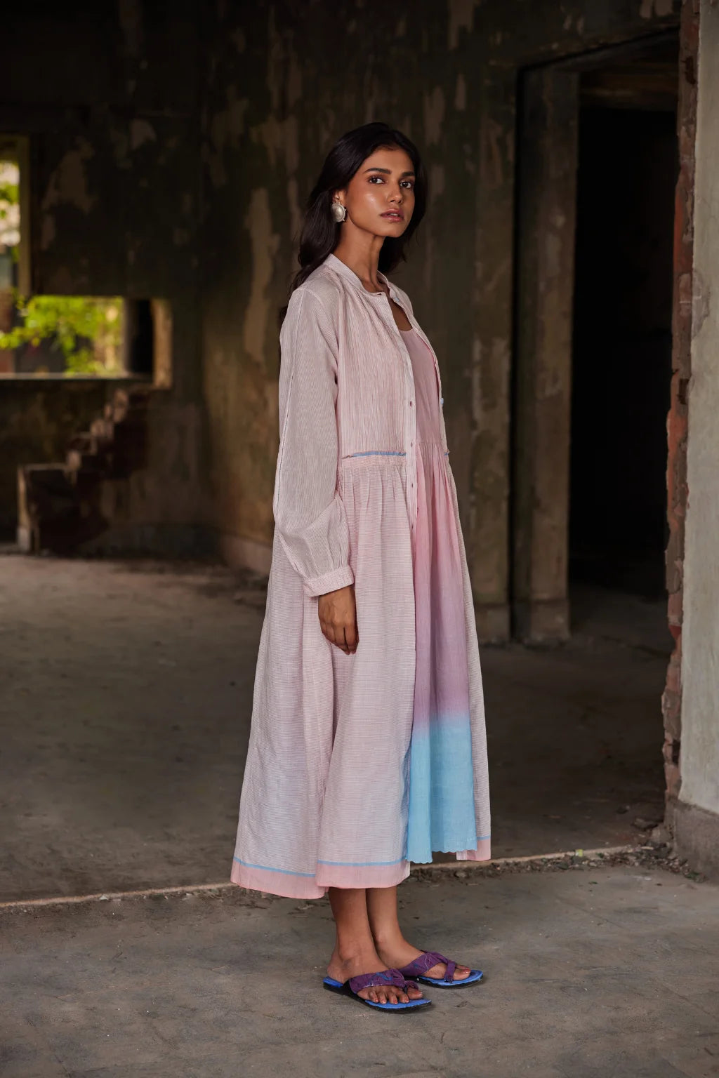 Sarron Adity Set, white and red striped handloom cotton dress with an ombre slip and bodice pintucks.