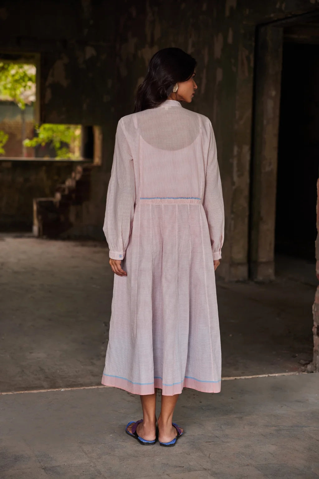 Sarron Adity Set, white and red striped handloom cotton dress with an ombre slip and bodice pintucks.