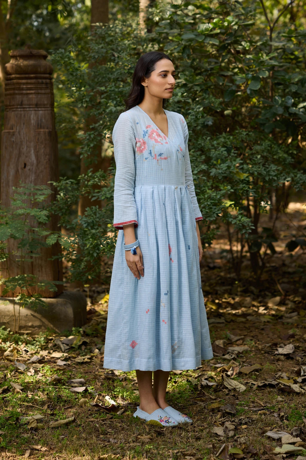Akasa Dress — Powder blue check Jamdani dress — back view | Sarron