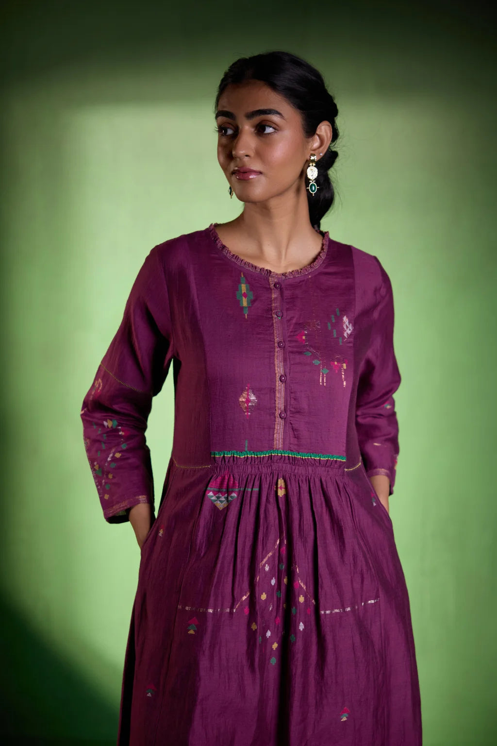 Sarron Amrita Dress, plum purple silk-cotton Jamdani dress with geometric motifs and a gathered waist.