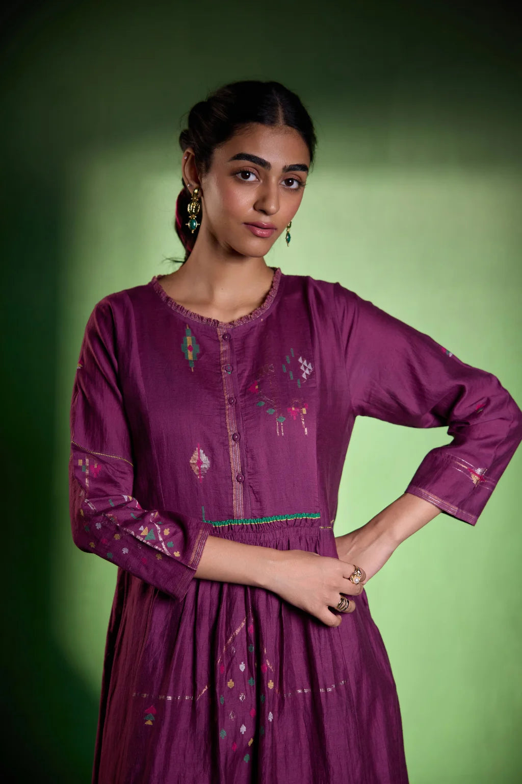 Sarron Amrita Dress, plum purple silk-cotton Jamdani dress with geometric motifs and a gathered waist.