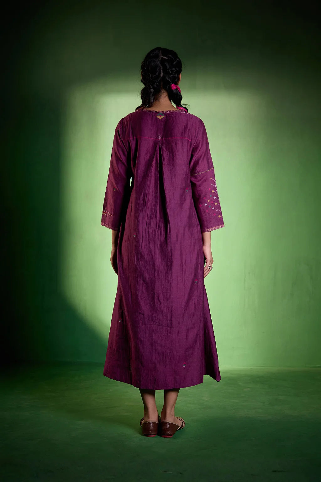 Sarron Amrita Dress, plum purple silk-cotton Jamdani dress with geometric motifs and a gathered waist.