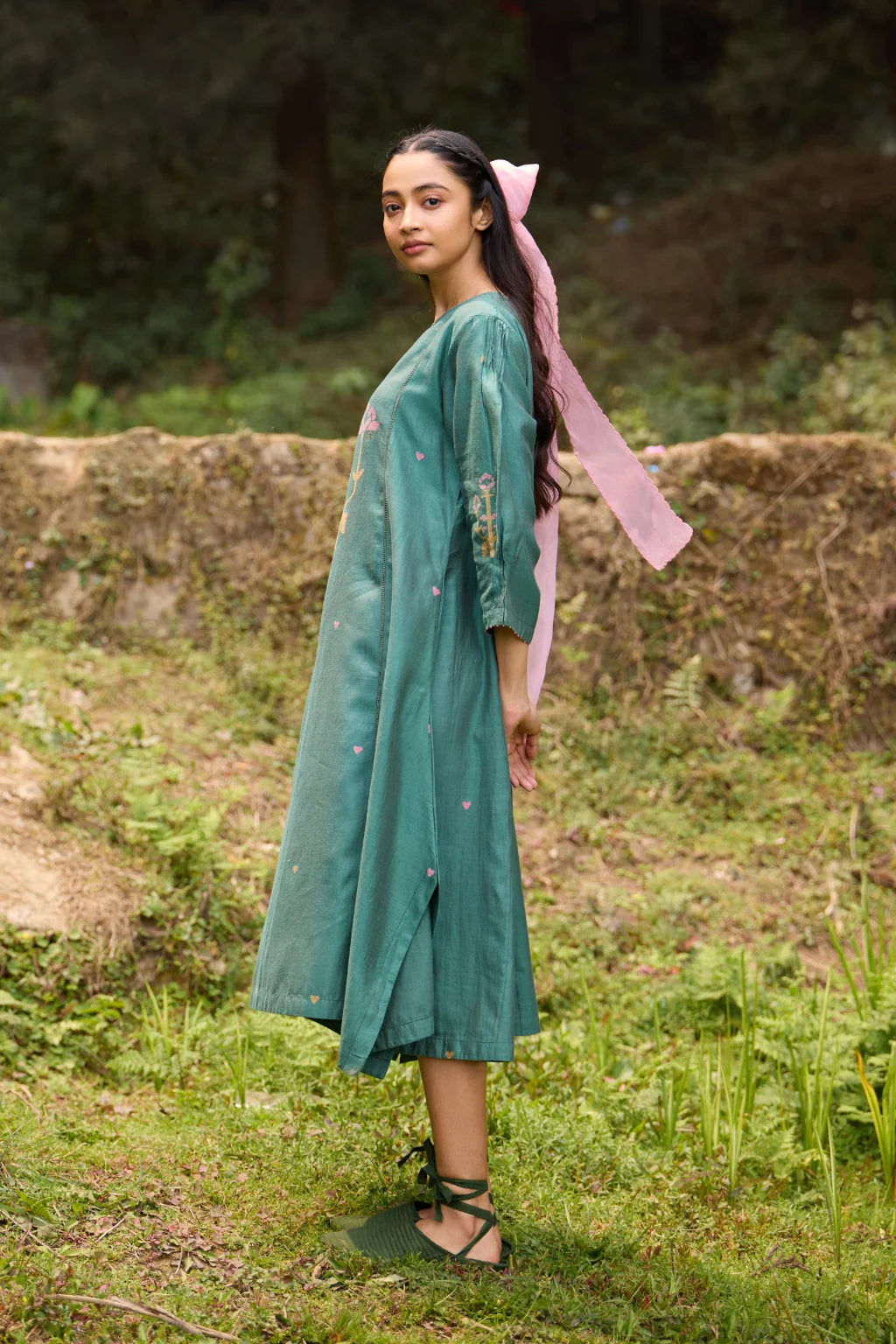 Sarron Anitha Dress, forest green silk-cotton Jamdani panelled dress with floral and heart-shaped motifs.