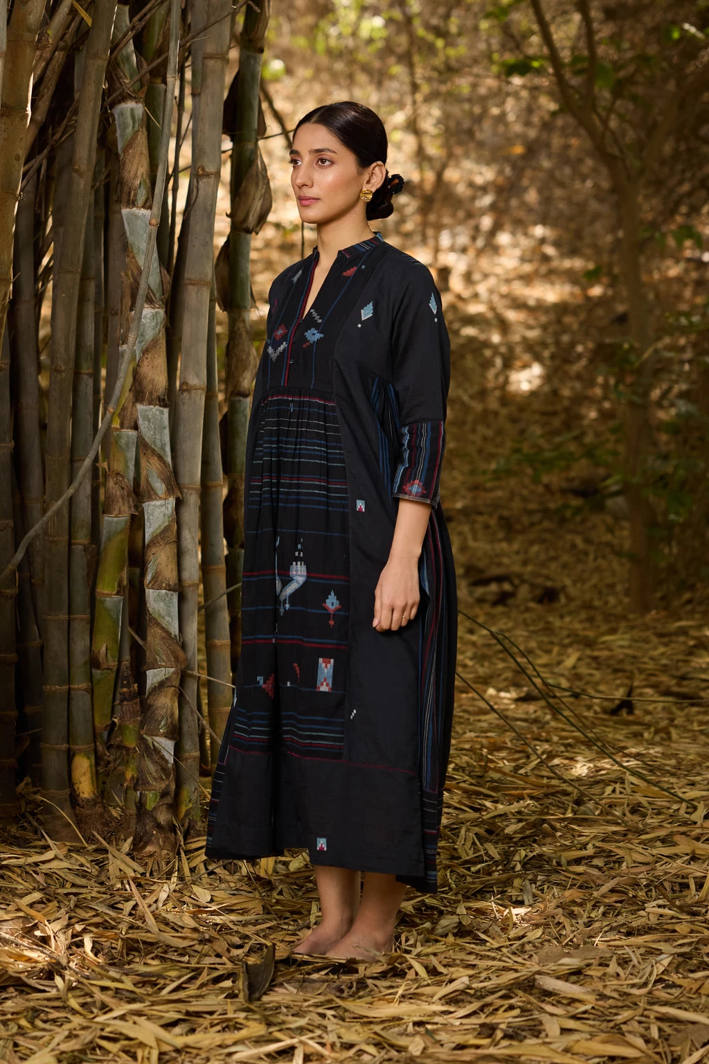 Anjana Dress — jamdani silk cotton dress — angular view | Sarron