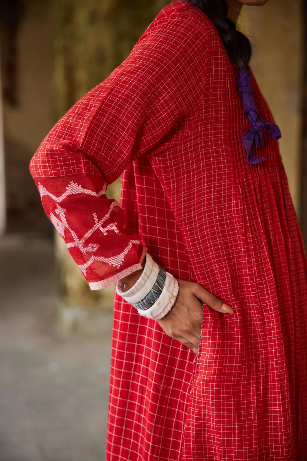 Sarron Ankita Dress, red patchwork cotton Jamdani dress with large geometric motifs and bodice pintucks.