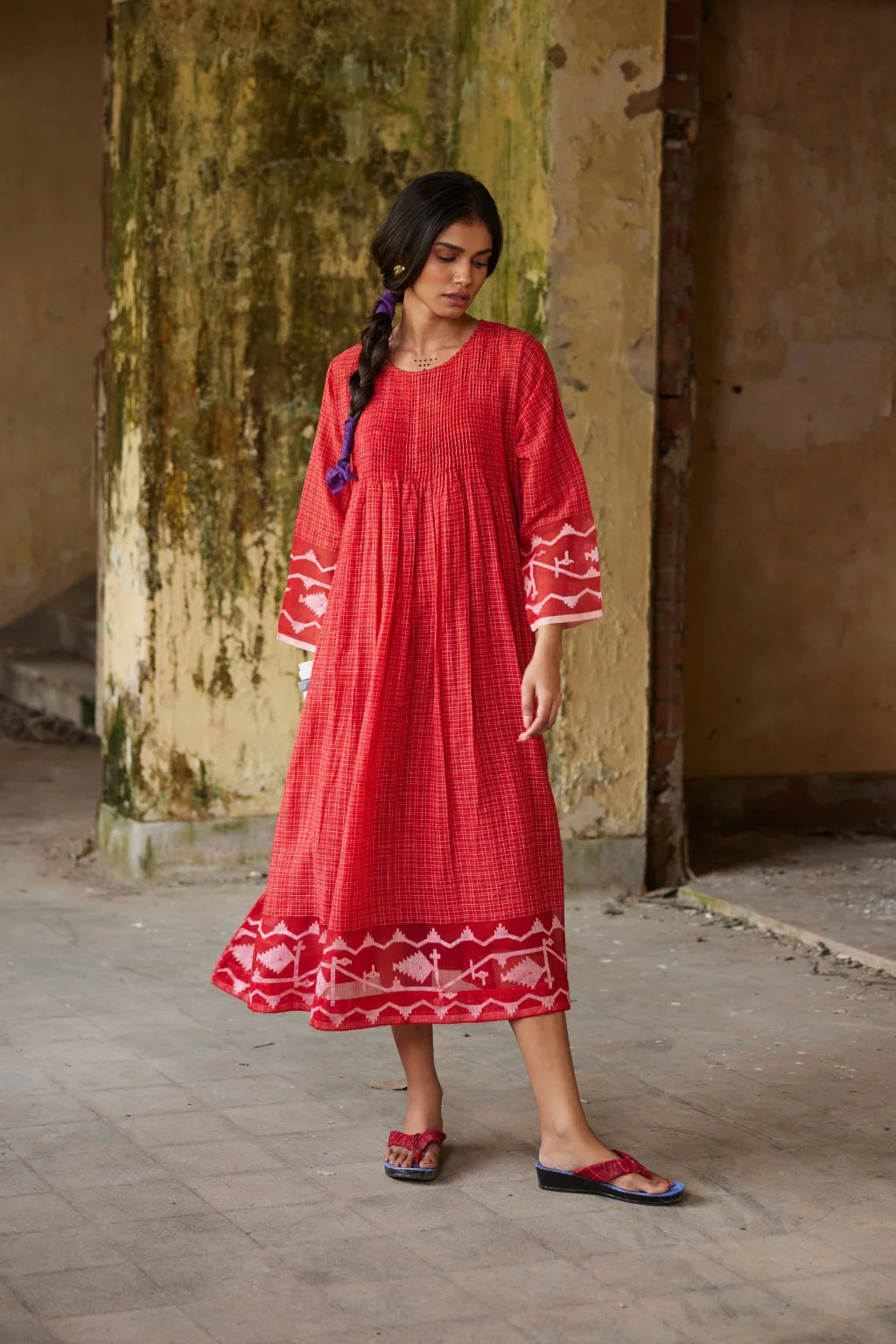 Sarron Ankita Dress, red patchwork cotton Jamdani dress with large geometric motifs and bodice pintucks.