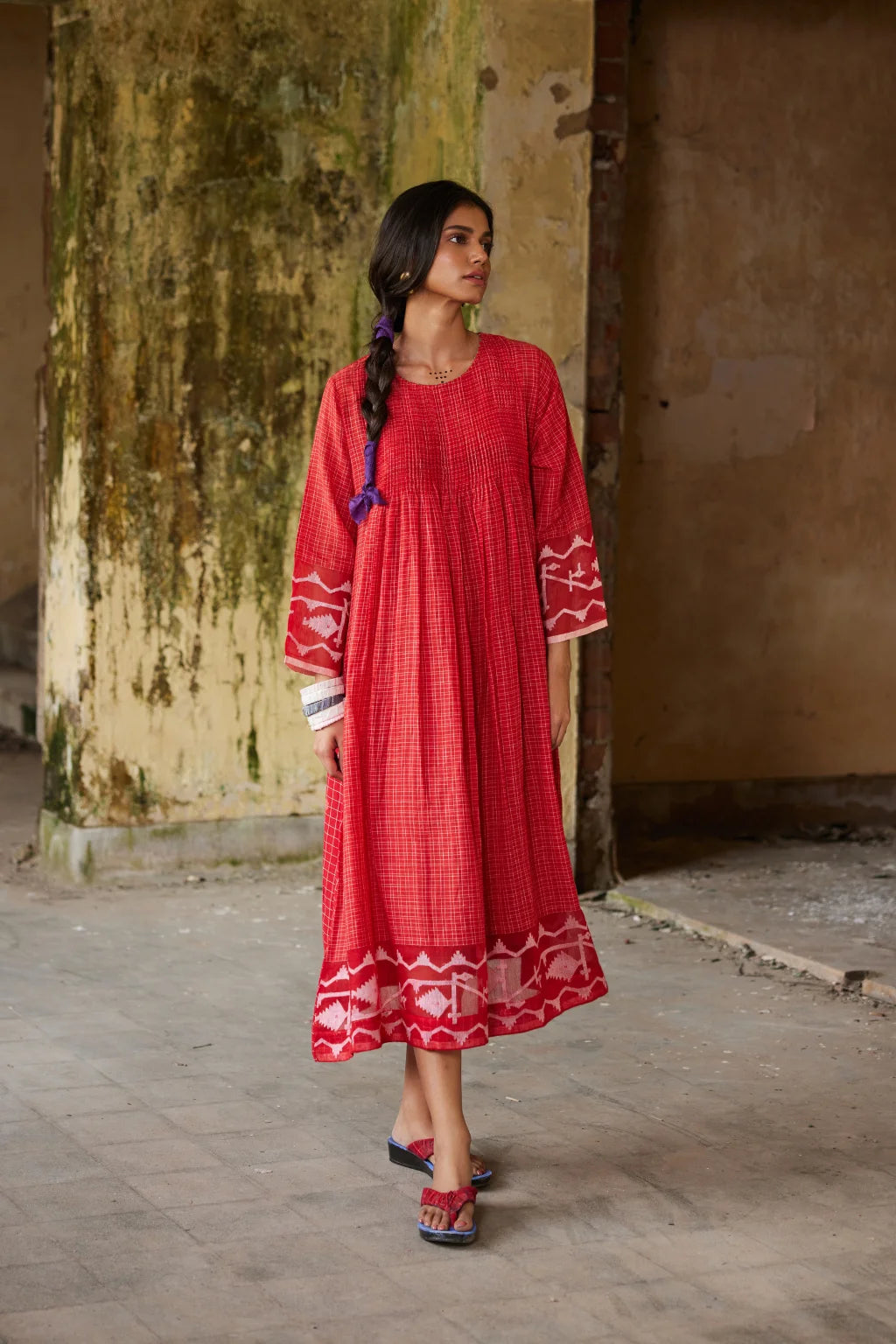 Sarron Ankita Dress, red patchwork cotton Jamdani dress with large geometric motifs and bodice pintucks.