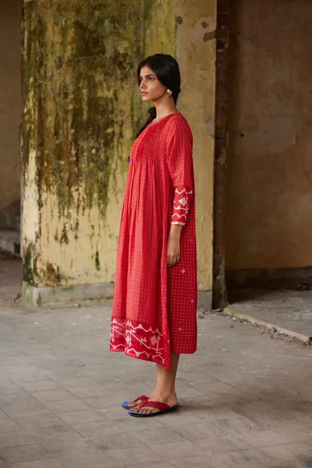 Sarron Ankita Dress, red patchwork cotton Jamdani dress with large geometric motifs and bodice pintucks.
