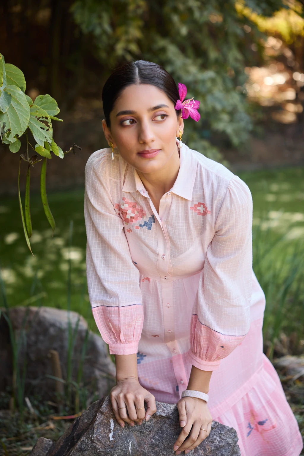Ansha Dress — Pink ombré striped Jamdani tiered dress — flat lay | Sarron