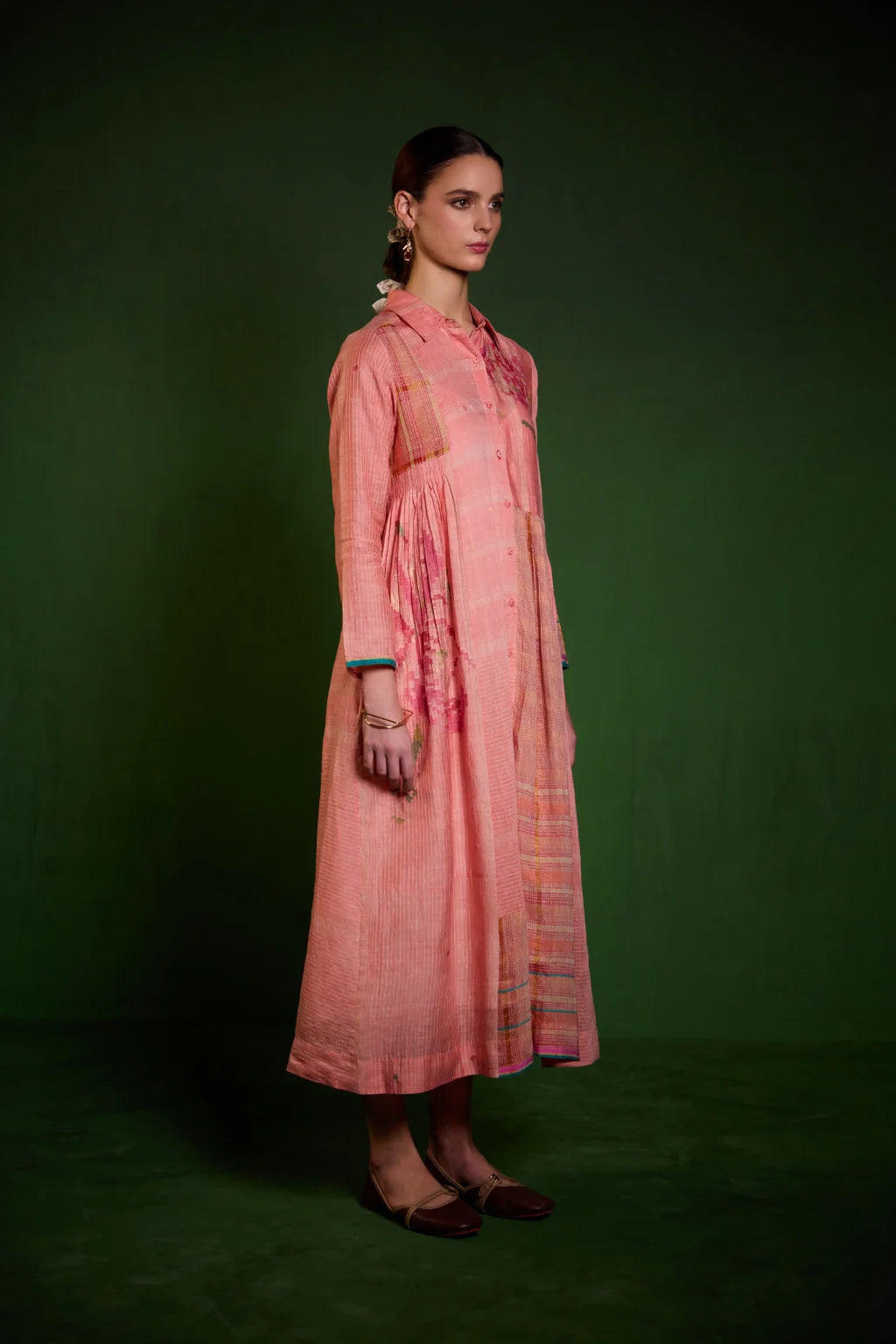 Sarron Arushi Dress, peach striped silk-cotton Jamdani collared dress with a graph-style motif and zari stripes.