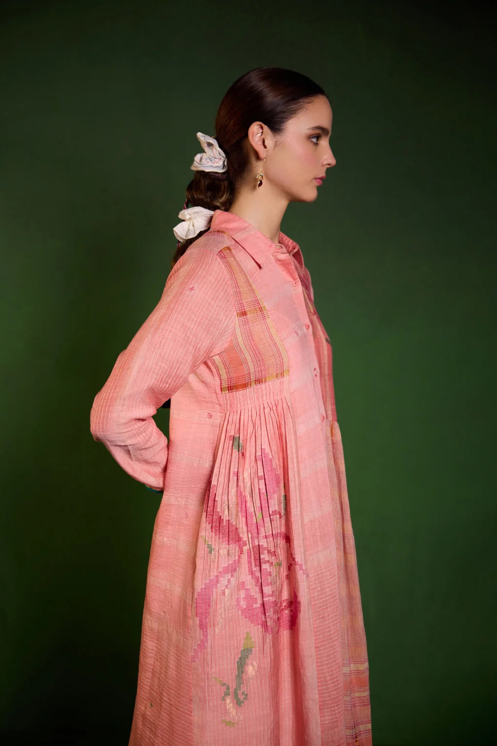 Sarron Arushi Dress, peach striped silk-cotton Jamdani collared dress with a graph-style motif and zari stripes.