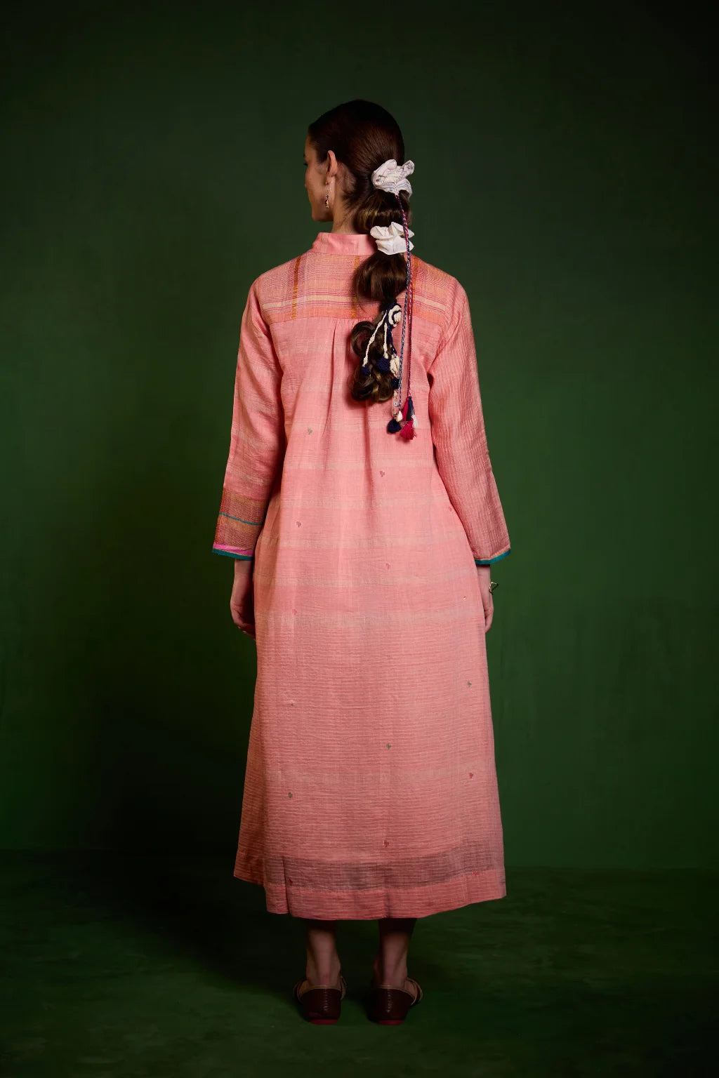 Sarron Arushi Dress, peach striped silk-cotton Jamdani collared dress with a graph-style motif and zari stripes.