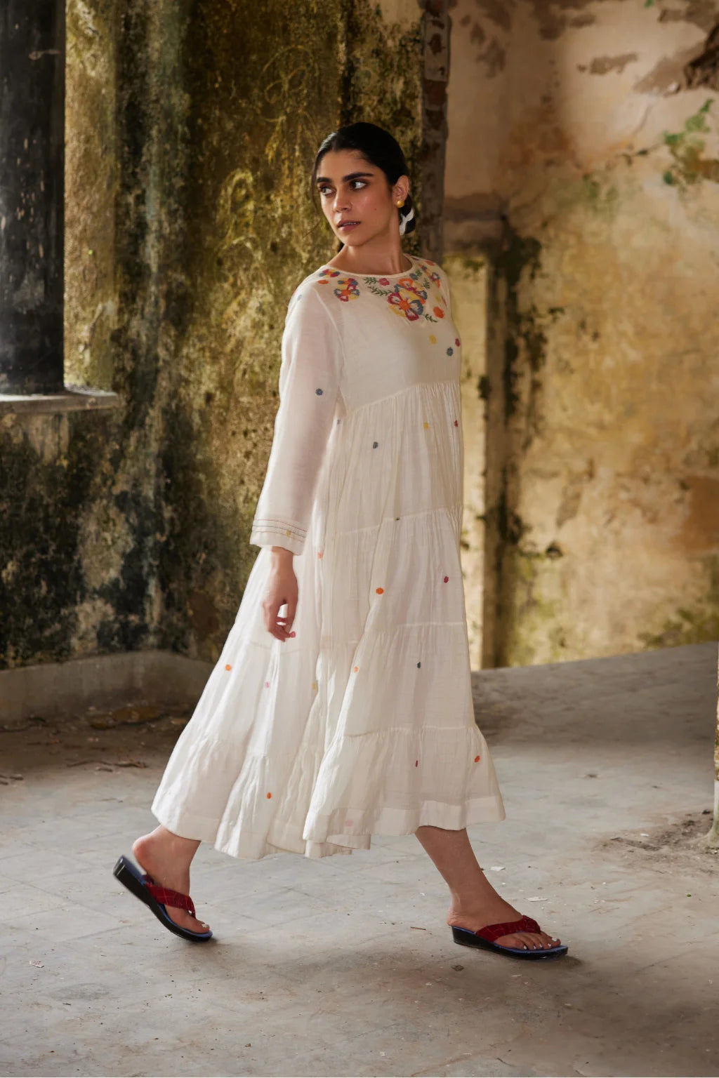 Sarron Gauri Dress, white tiered silk-cotton Jamdani dress with a floral placement motif and Kantha embroidery.