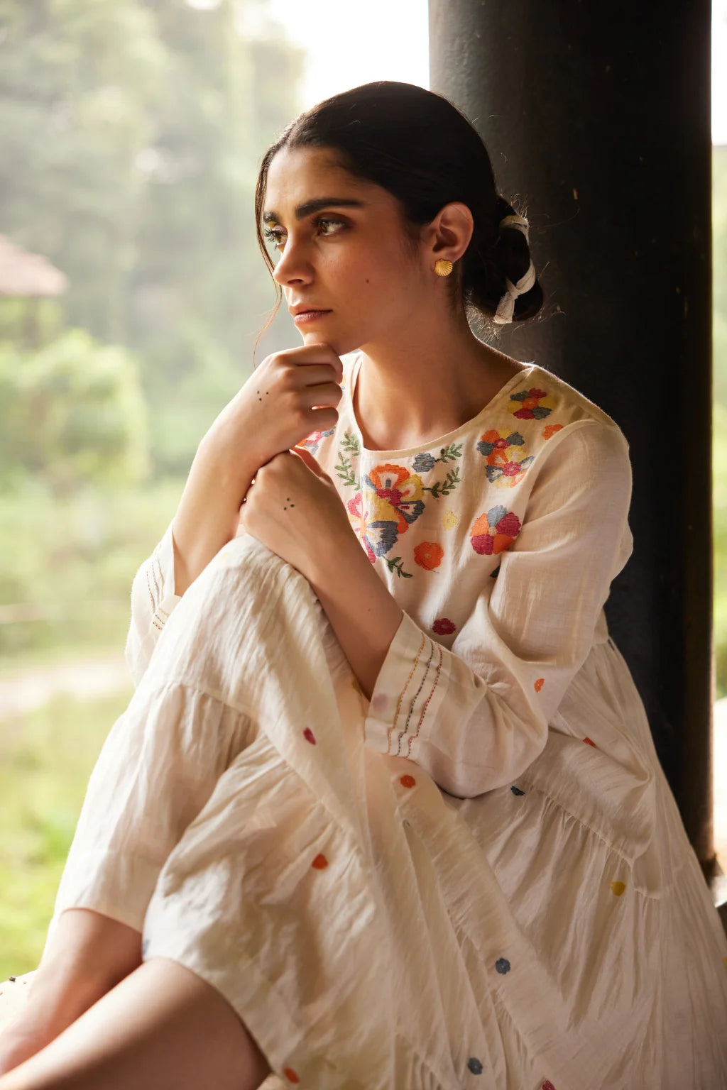 Sarron Gauri Dress, white tiered silk-cotton Jamdani dress with a floral placement motif and Kantha embroidery.
