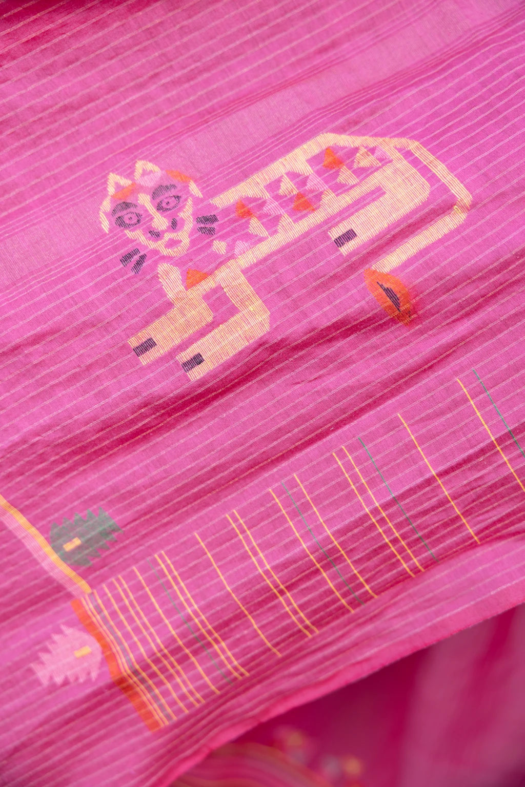 Sarron Gulabi-001 Saree, pink zari-striped silk-cotton Jamdani saree with peacock and tiger motifs.