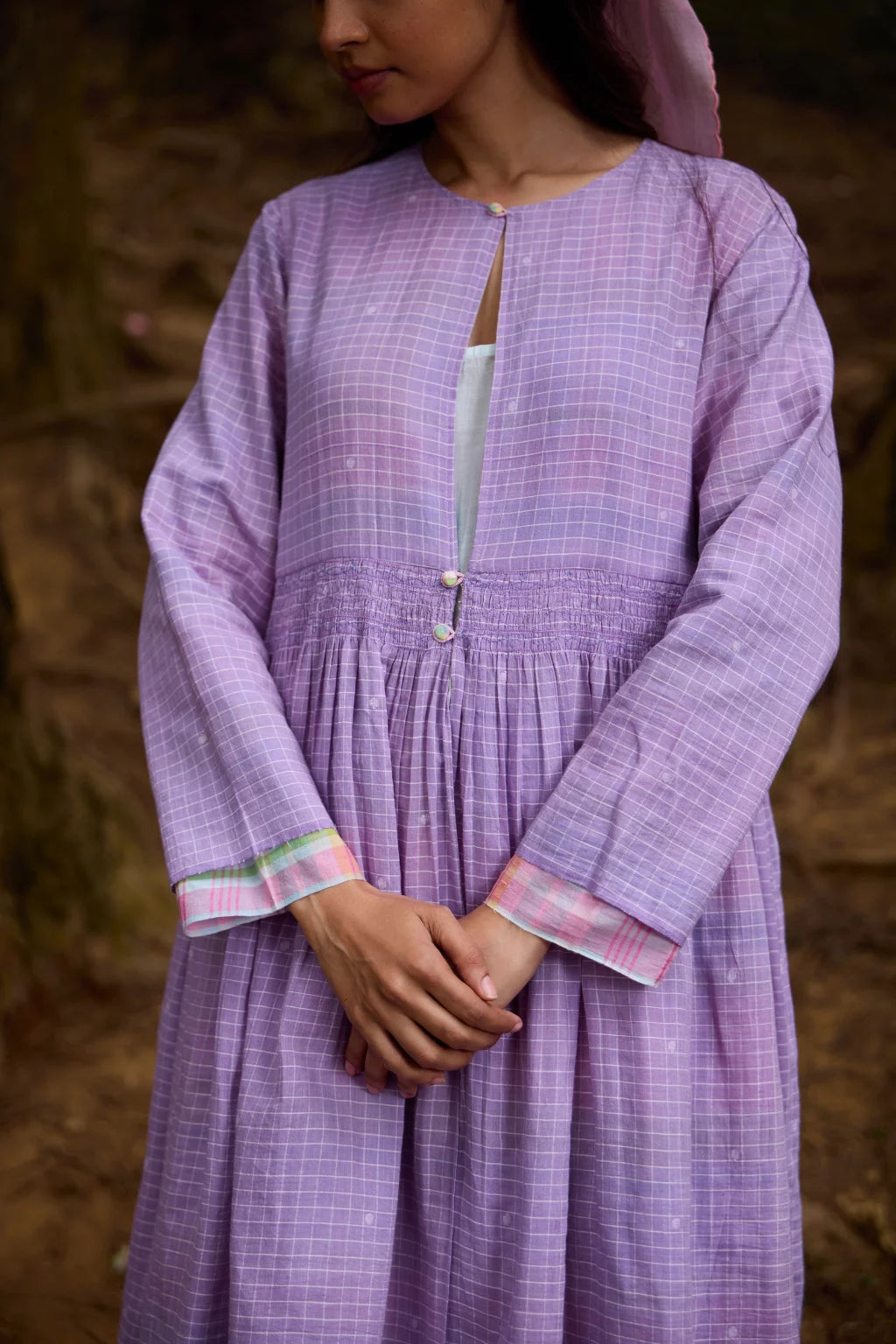 Sarron Indrani Overlay, reversible purple cotton Jamdani and pink handloom cotton overlay with smocking.