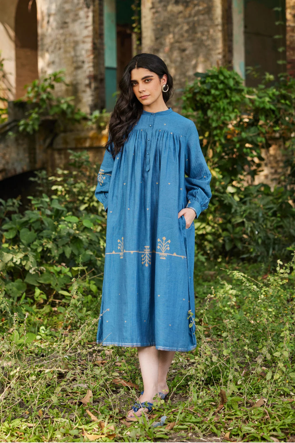 Sarron Jas Dress, blue silk-cotton Jamdani dress with small and large handwoven geometric motifs.