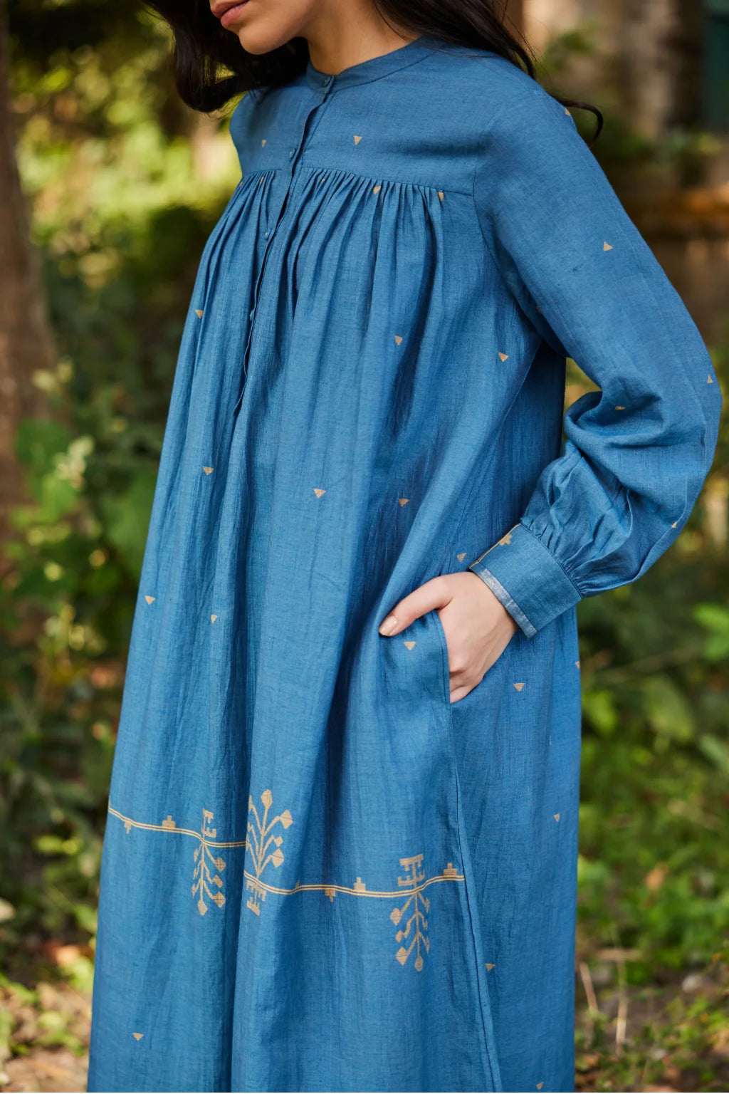 Sarron Jas Dress, blue silk-cotton Jamdani dress with small and large handwoven geometric motifs.