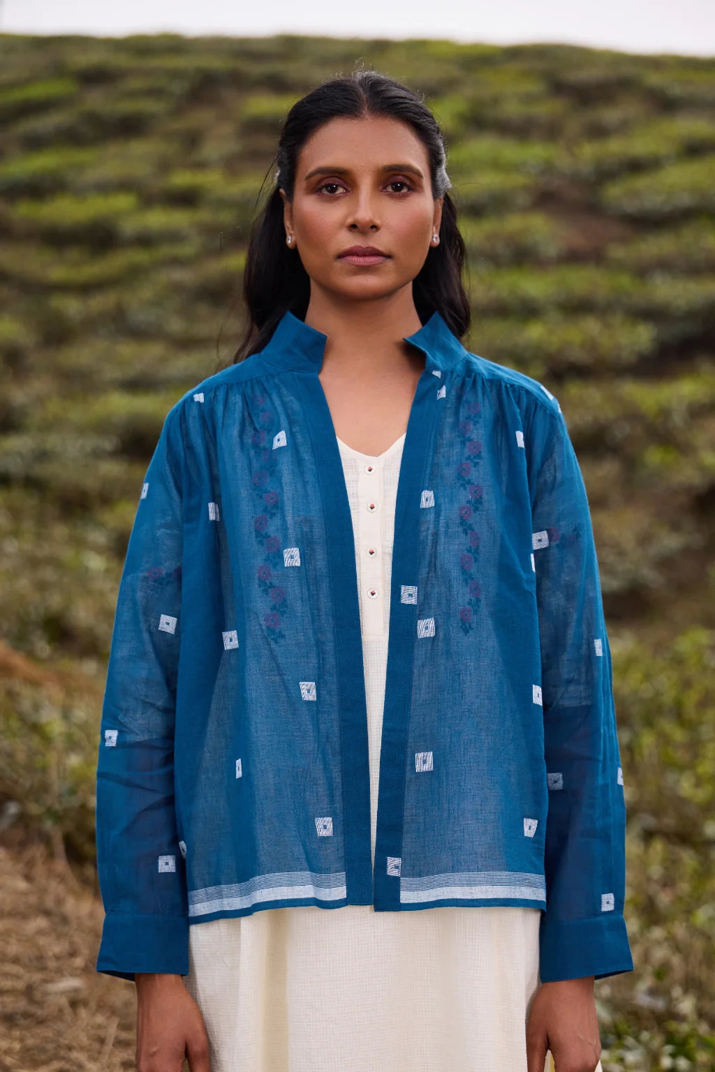 Sarron Jatra Blue Overlay, deep teal front-open cotton Jamdani overlay with a checked weave.