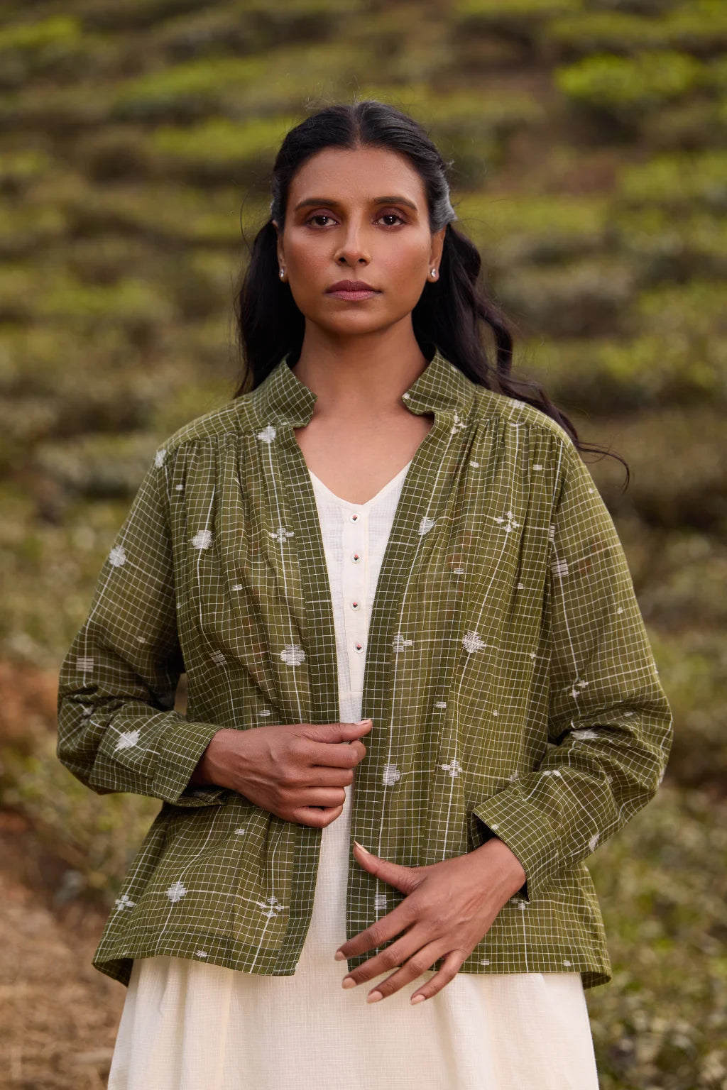 Sarron Jatra Green Overlay, olive green front-open cotton Jamdani overlay with a checked weave.