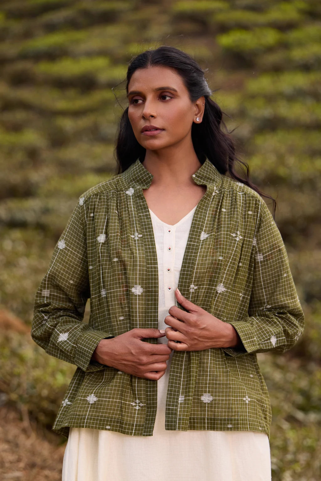 Sarron Jatra Green Overlay, olive green front-open cotton Jamdani overlay with a checked weave.