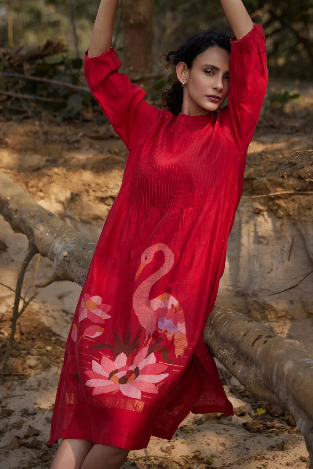 Sarron Jhuma Dress, red silk-cotton Jamdani dress with a handwoven flamingo and lotus-pond motif.