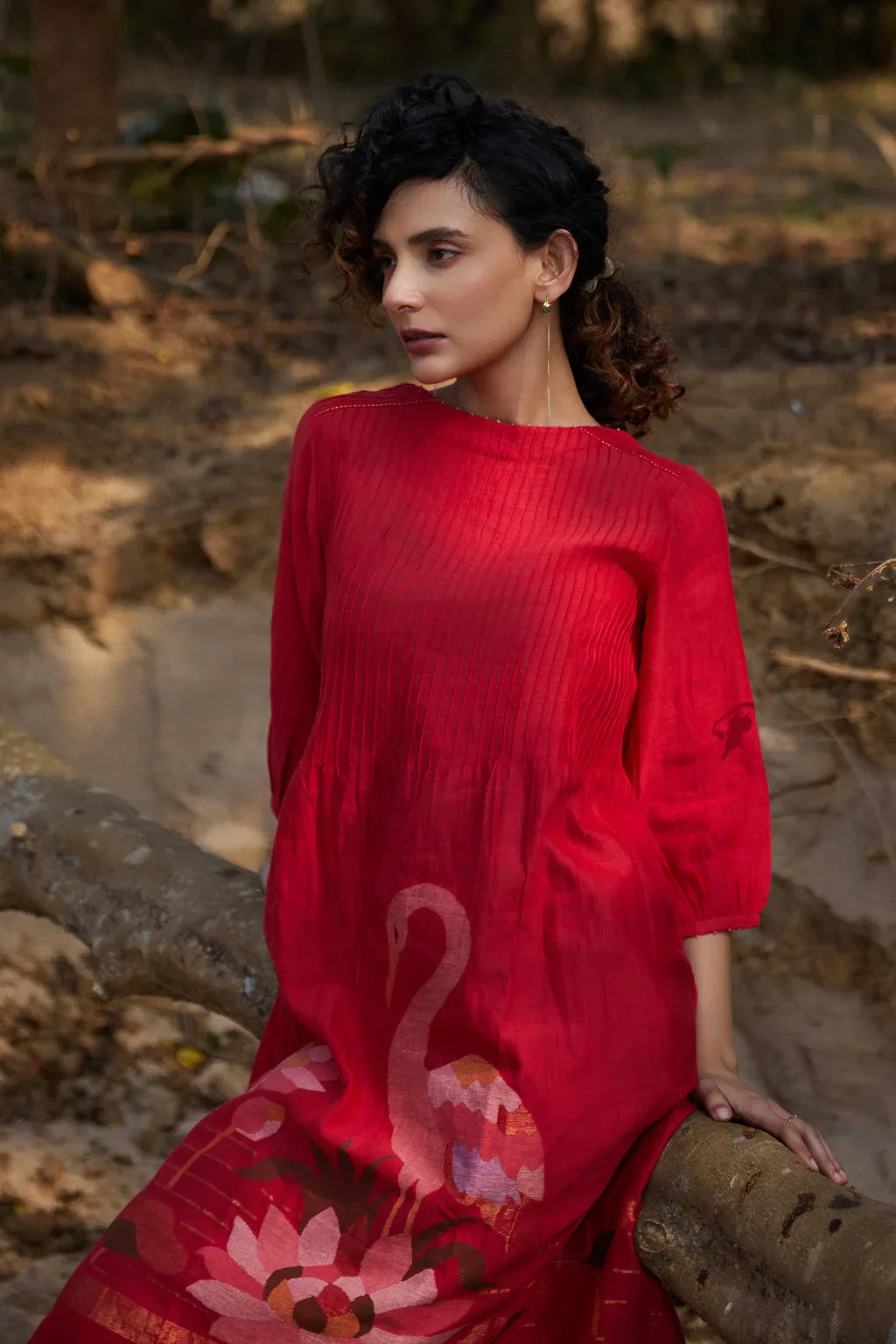 Sarron Jhuma Dress, red silk-cotton Jamdani dress with a handwoven flamingo and lotus-pond motif.