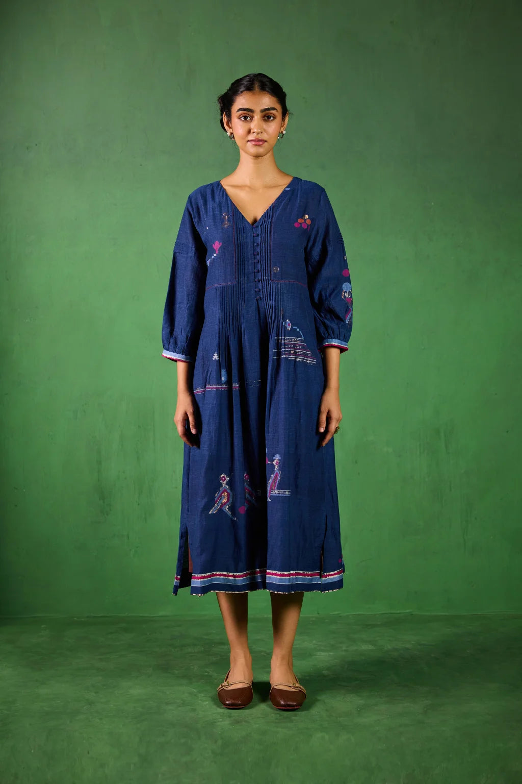 Sarron Jivika Dress, deep indigo silk-cotton Jamdani dress with handwoven bird and tribal motifs.