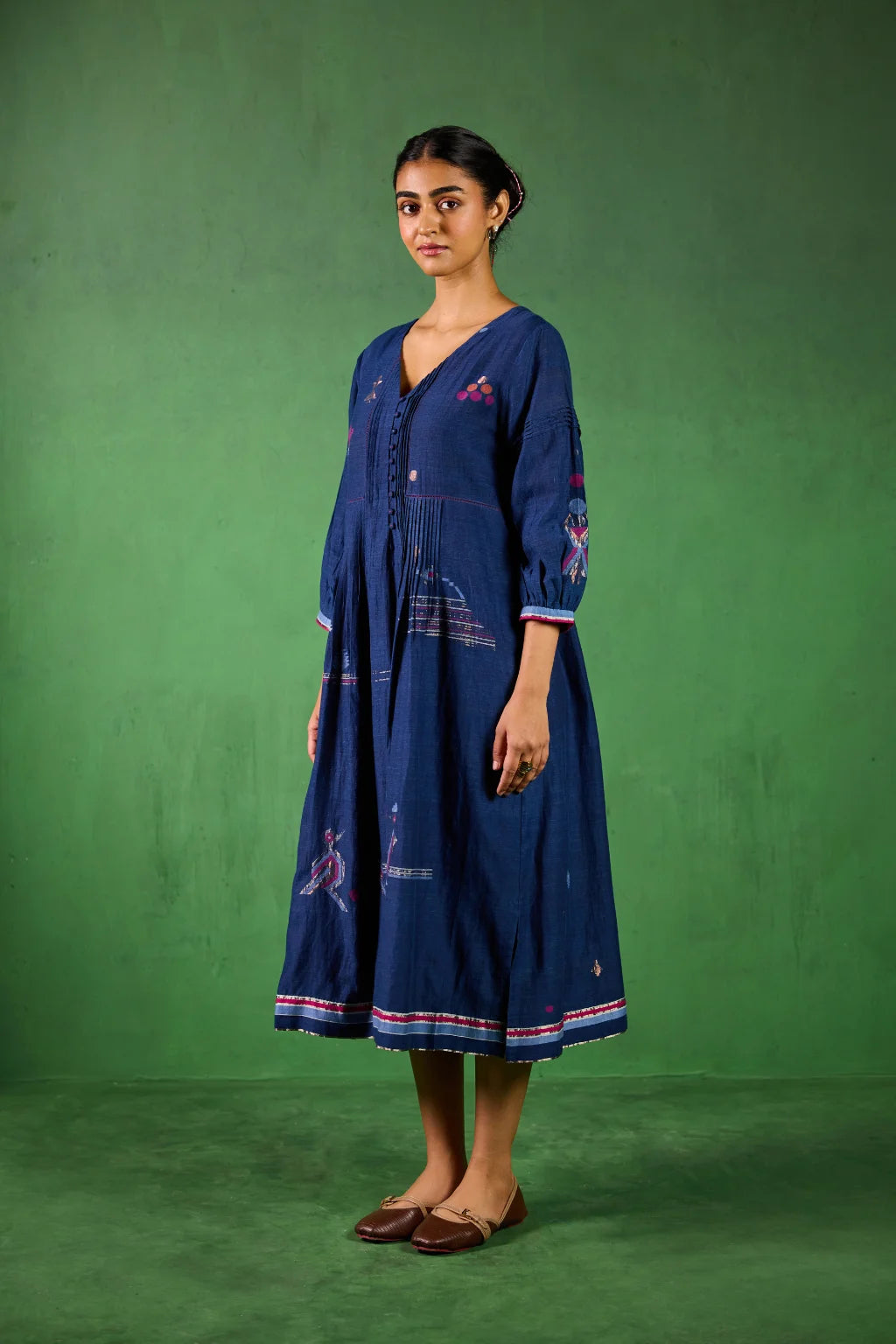 Sarron Jivika Dress, deep indigo silk-cotton Jamdani dress with handwoven bird and tribal motifs.