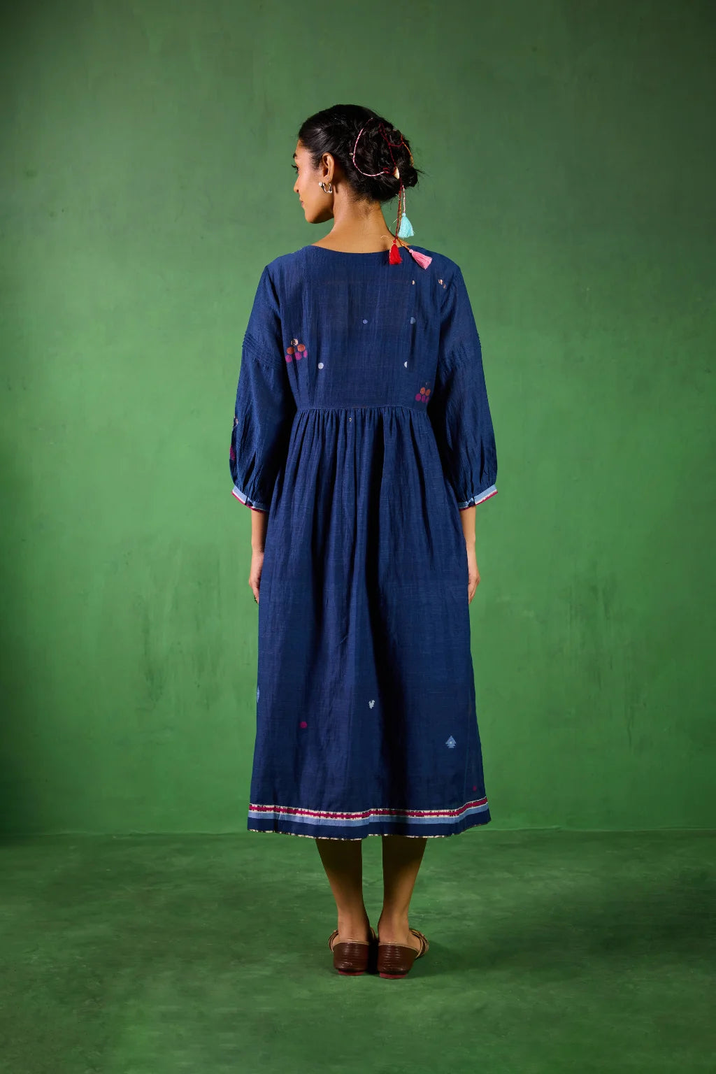 Sarron Jivika Dress, deep indigo silk-cotton Jamdani dress with handwoven bird and tribal motifs.