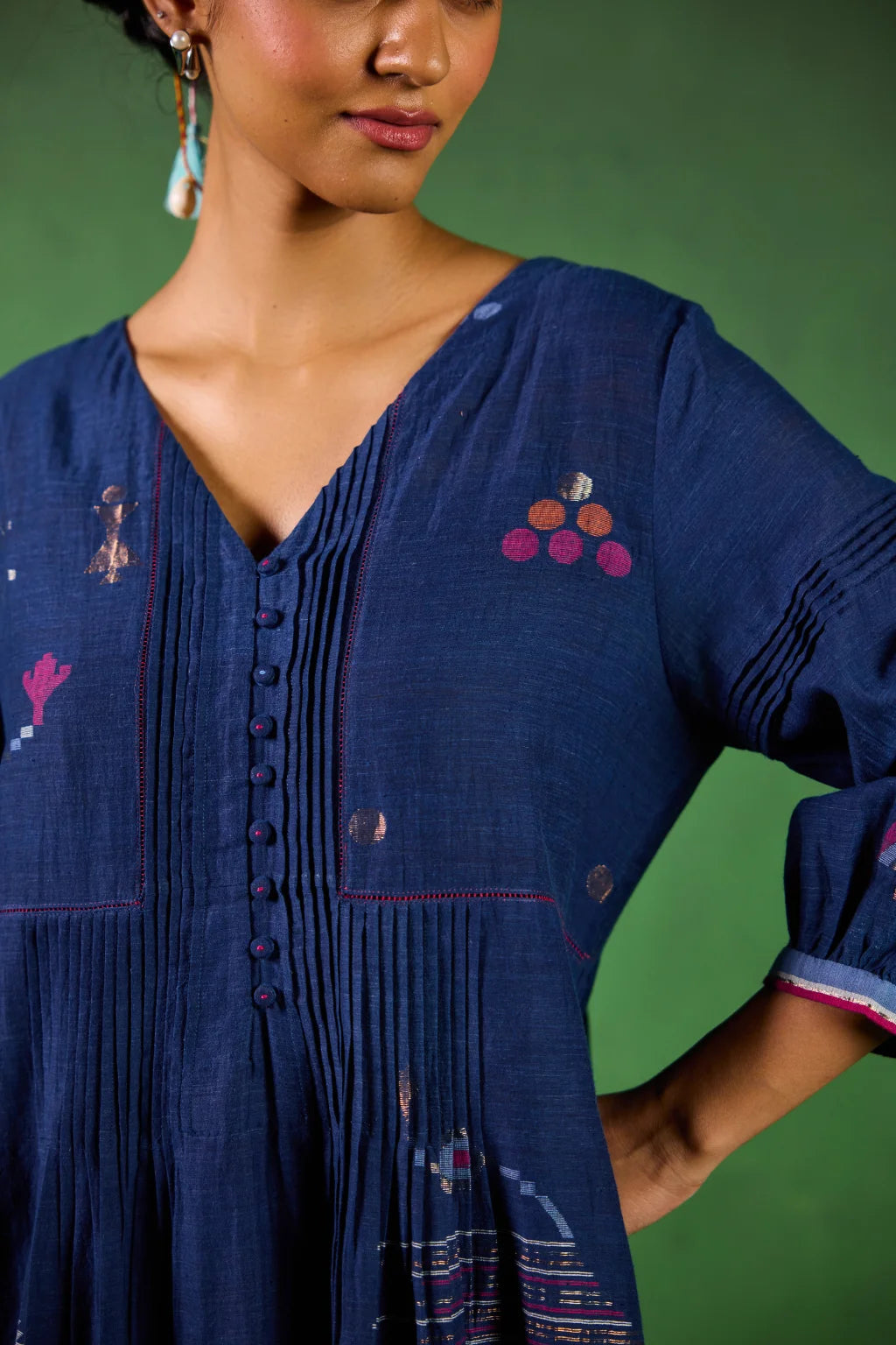 Sarron Jivika Dress, deep indigo silk-cotton Jamdani dress with handwoven bird and tribal motifs.