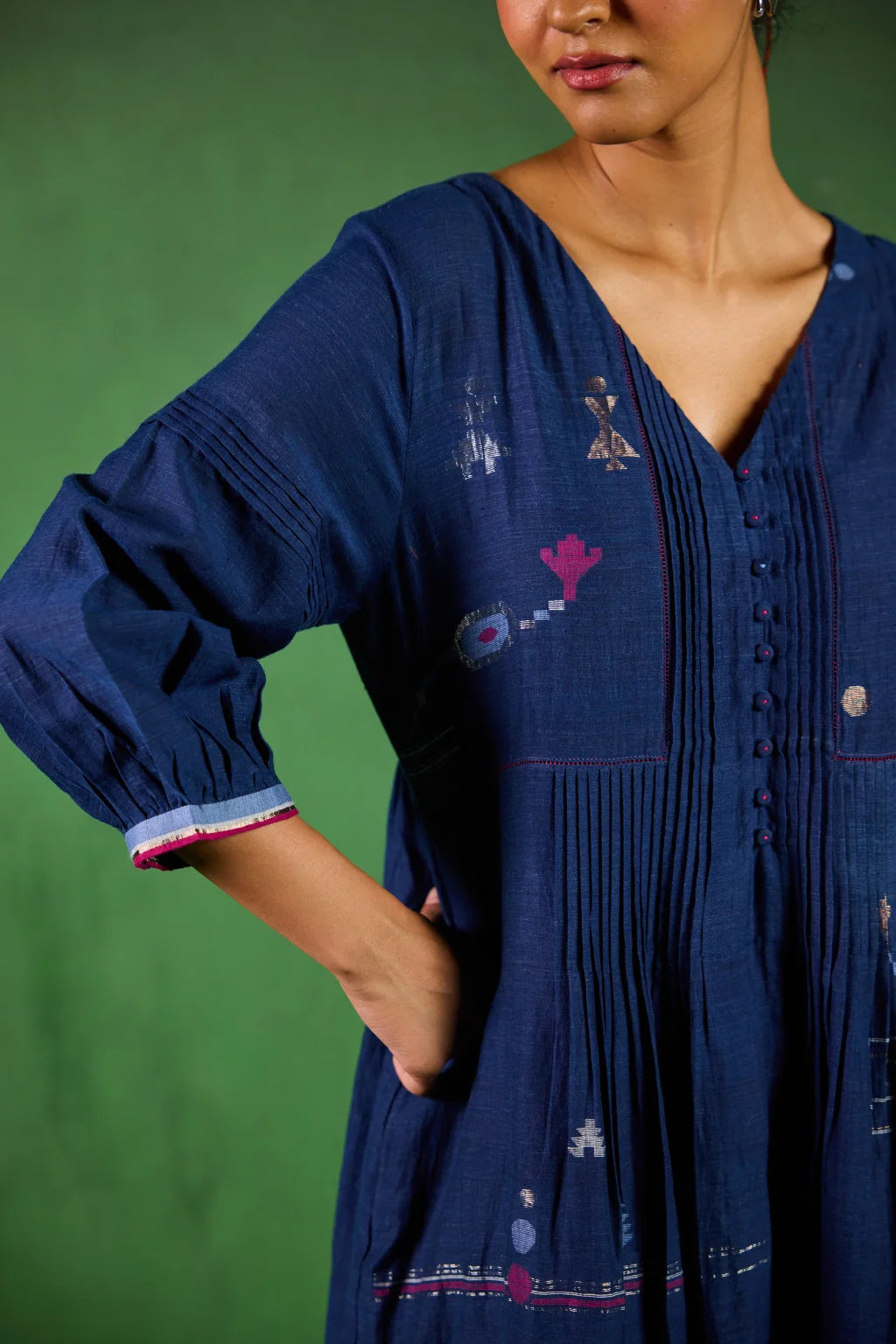 Sarron Jivika Dress, deep indigo silk-cotton Jamdani dress with handwoven bird and tribal motifs.