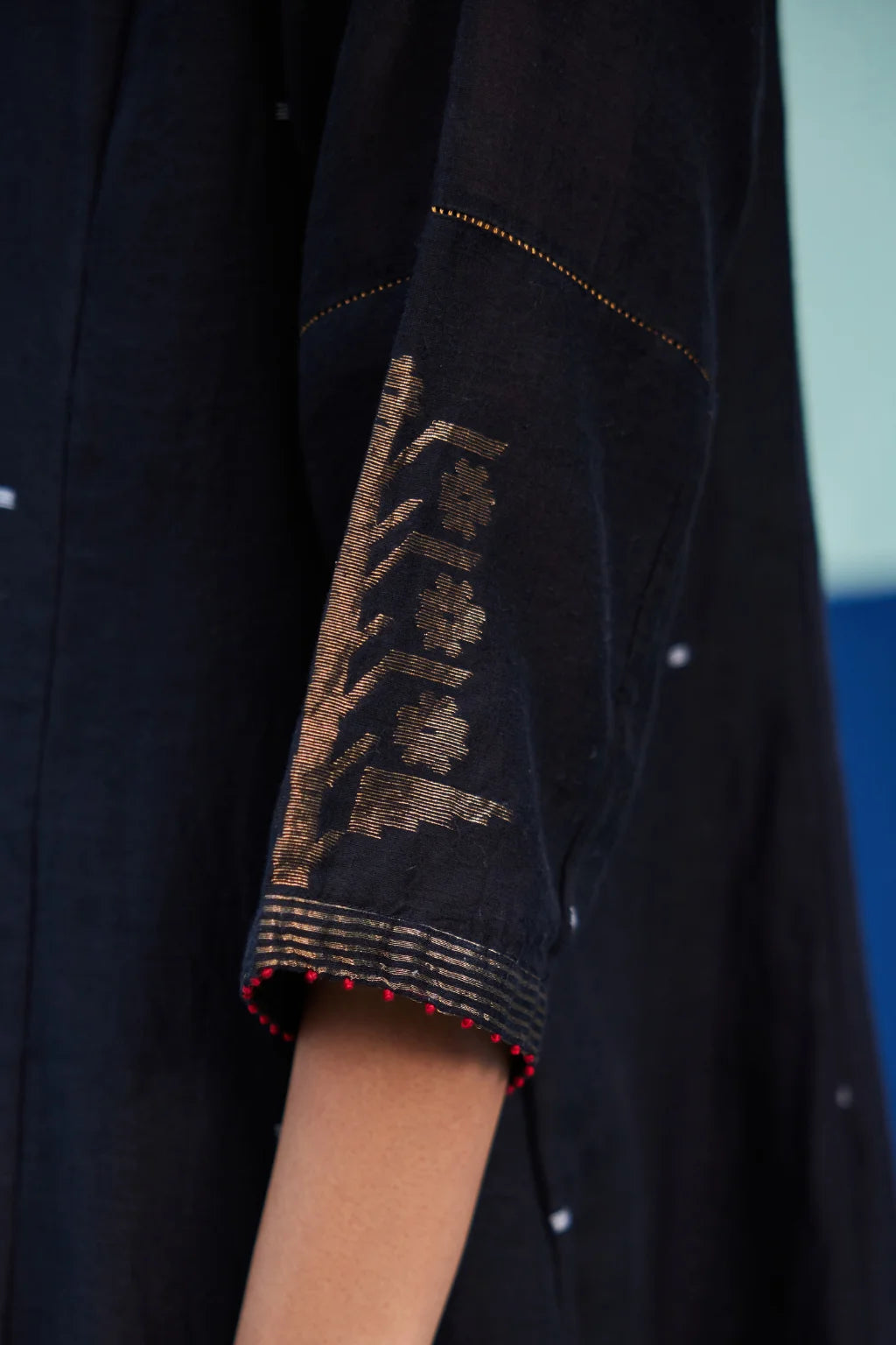 Sarron Kajol Dress, black silk-cotton Jamdani dress with zari butas and Kantha hand embroidery.