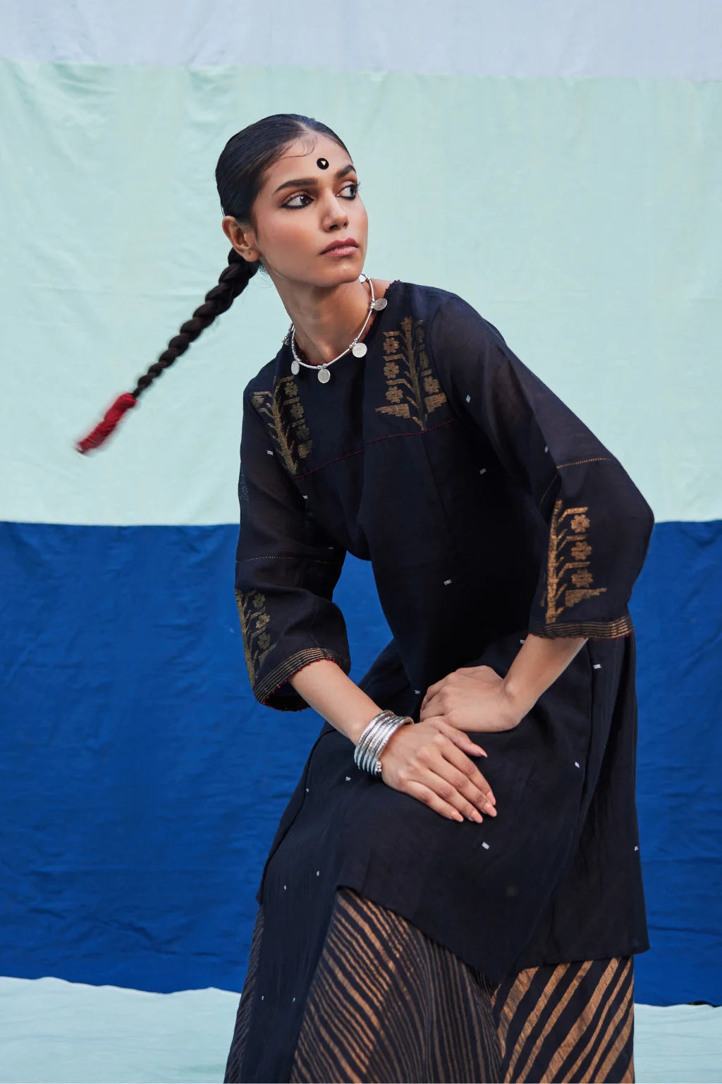 Sarron Kajol Dress, black silk-cotton Jamdani dress with zari butas and Kantha hand embroidery.