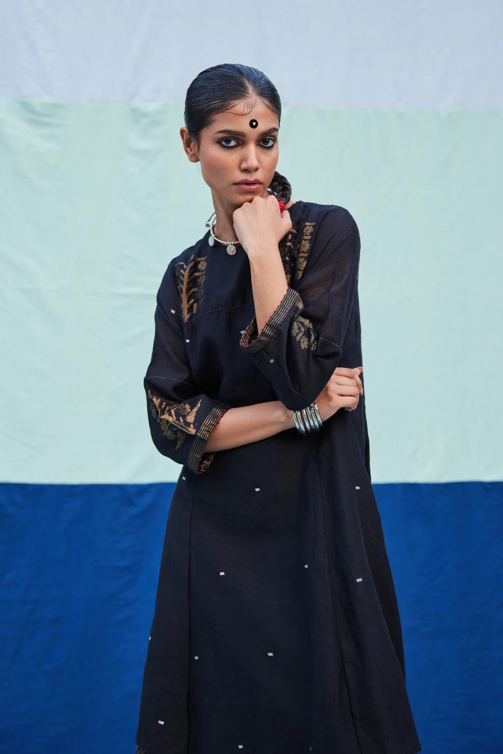 Sarron Kajol Dress, black silk-cotton Jamdani dress with zari butas and Kantha hand embroidery.