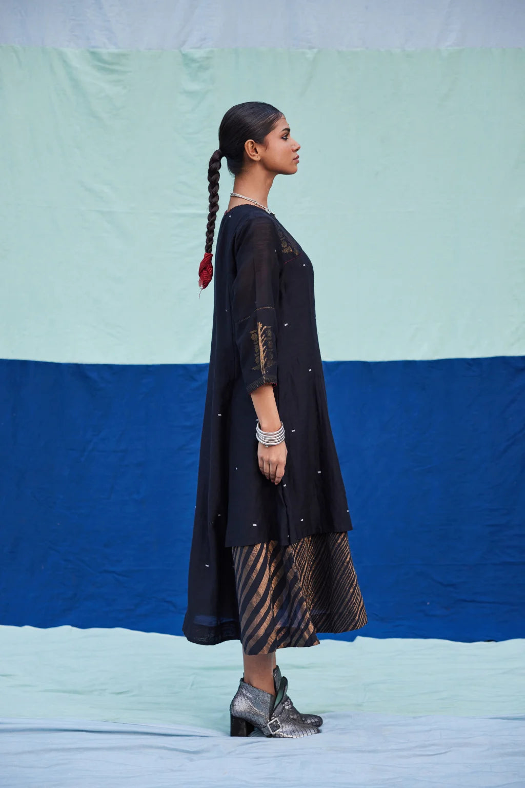 Sarron Kajol Dress, black silk-cotton Jamdani dress with zari butas and Kantha hand embroidery.