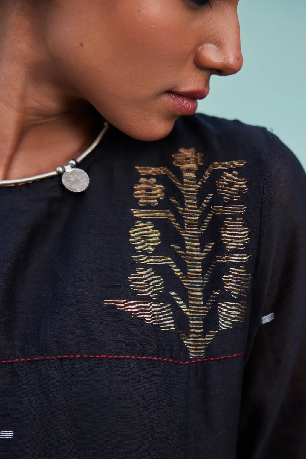 Sarron Kajol Dress, black silk-cotton Jamdani dress with zari butas and Kantha hand embroidery.