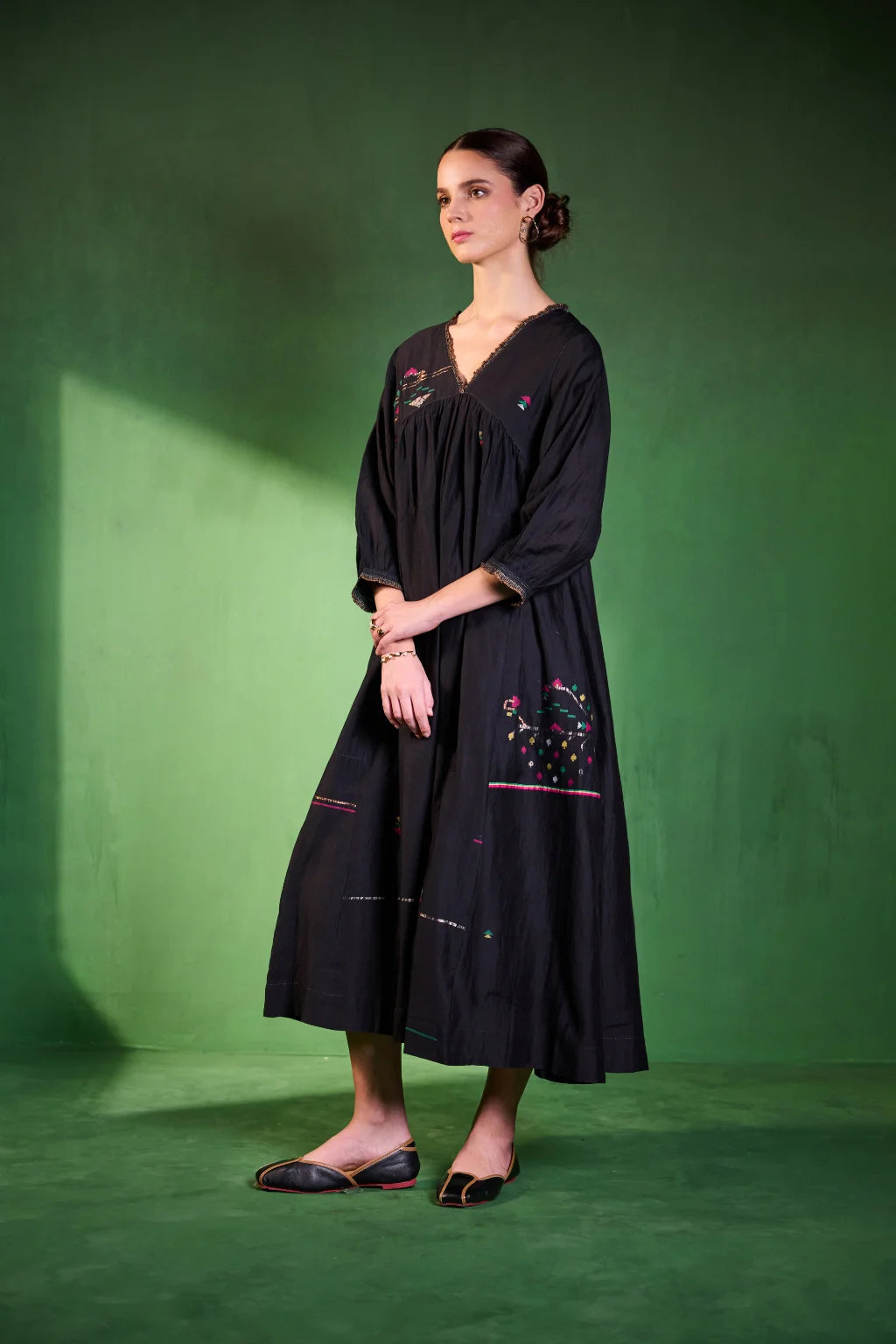 Sarron Kalindi Dress, black silk-cotton Jamdani dress with a V-neck and handwoven geometric motifs.