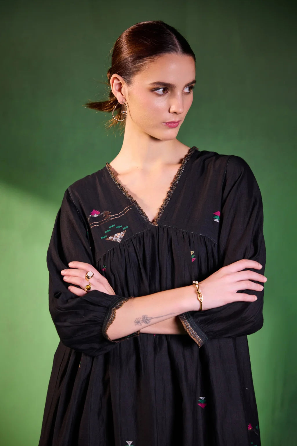 Sarron Kalindi Dress, black silk-cotton Jamdani dress with a V-neck and handwoven geometric motifs.