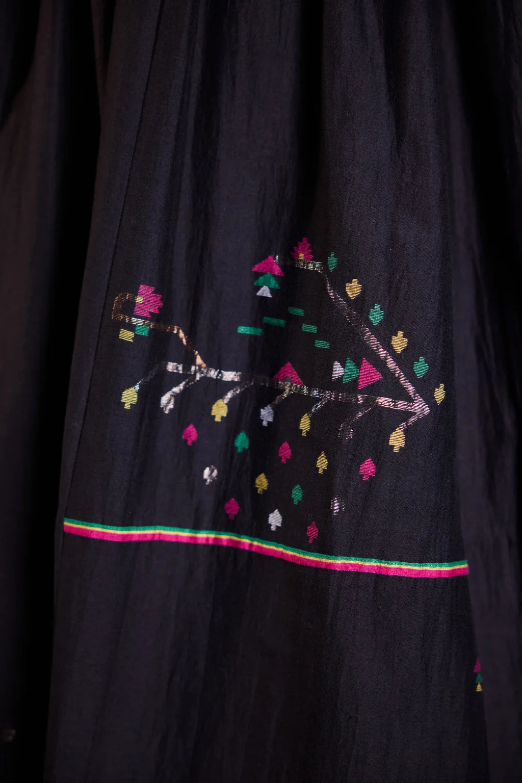 Sarron Kalindi Dress, black silk-cotton Jamdani dress with a V-neck and handwoven geometric motifs.