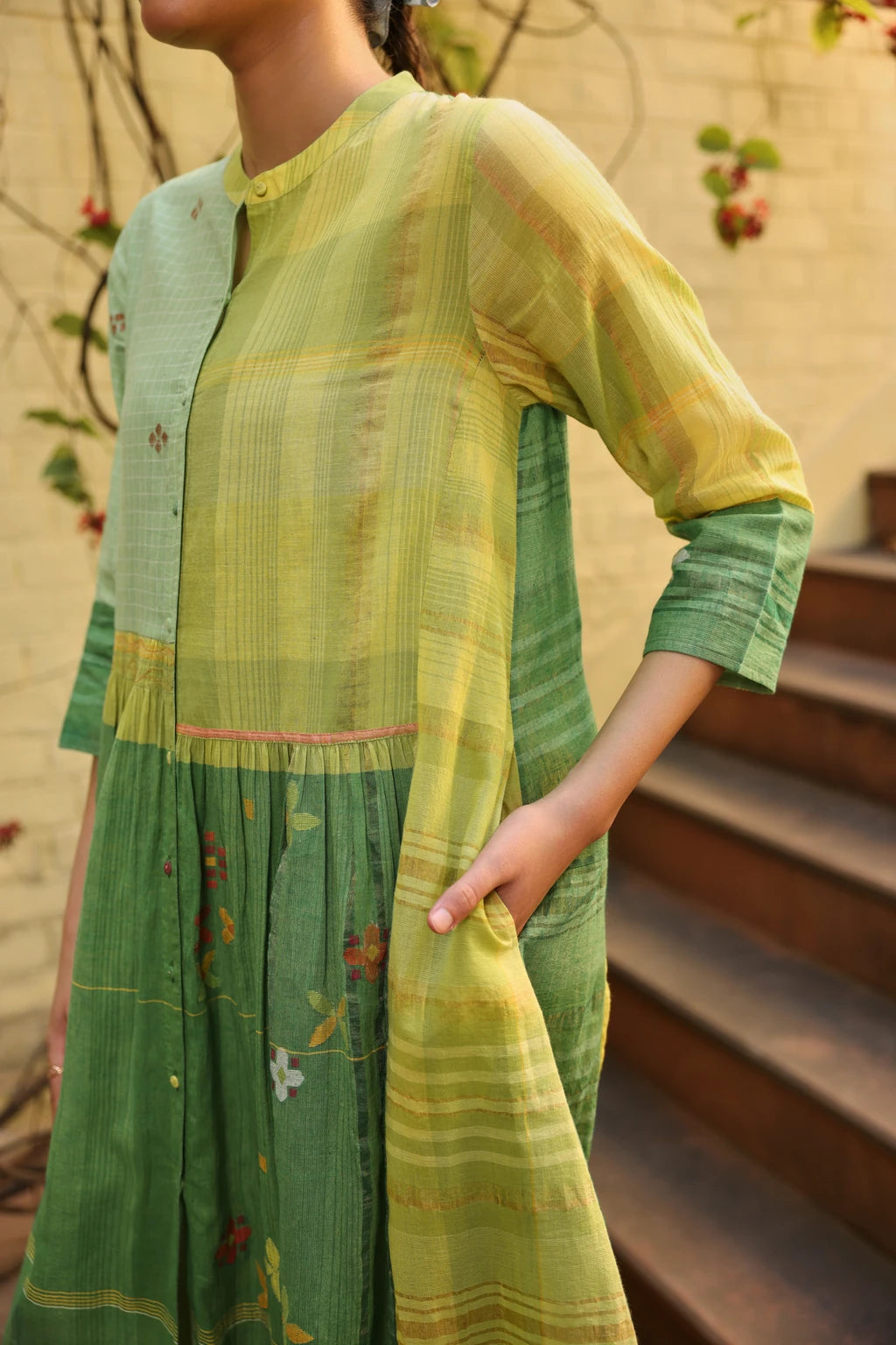 Kiran Dress — Green and yellow patchwork Jamdani dress — styled view | Sarron