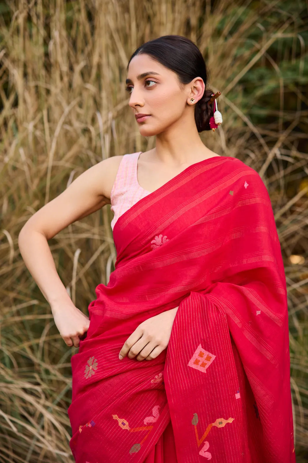 Sarron Laal-001 Saree, bright red striped silk-cotton Jamdani saree with bird and floral motifs.
