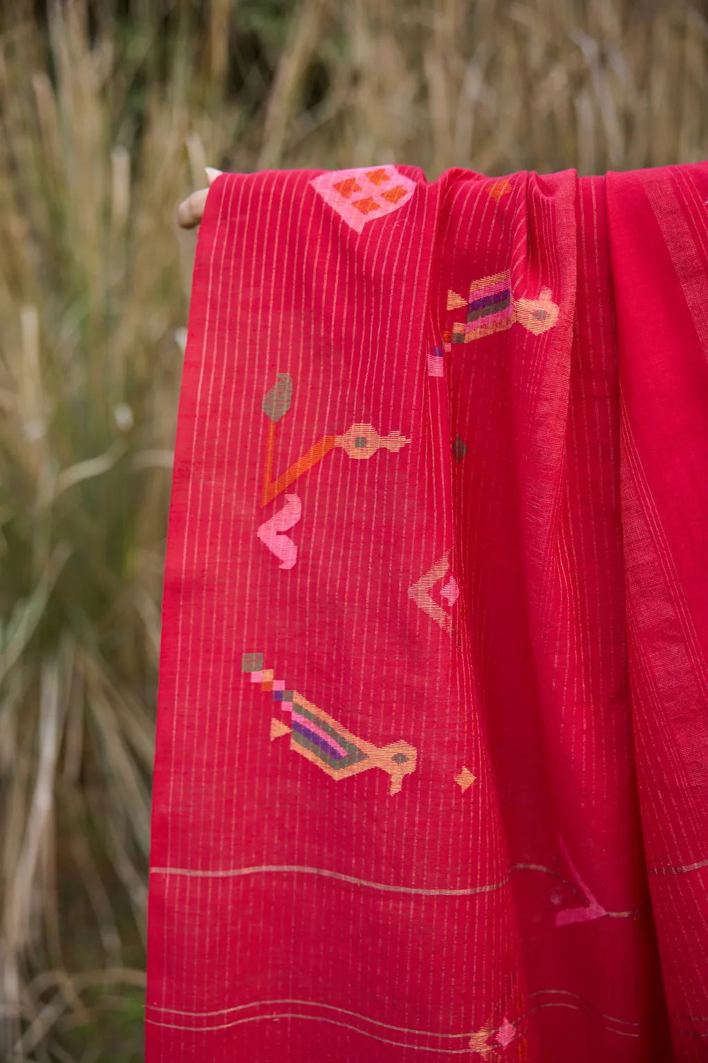Sarron Laal-001 Saree, bright red striped silk-cotton Jamdani saree with bird and floral motifs.