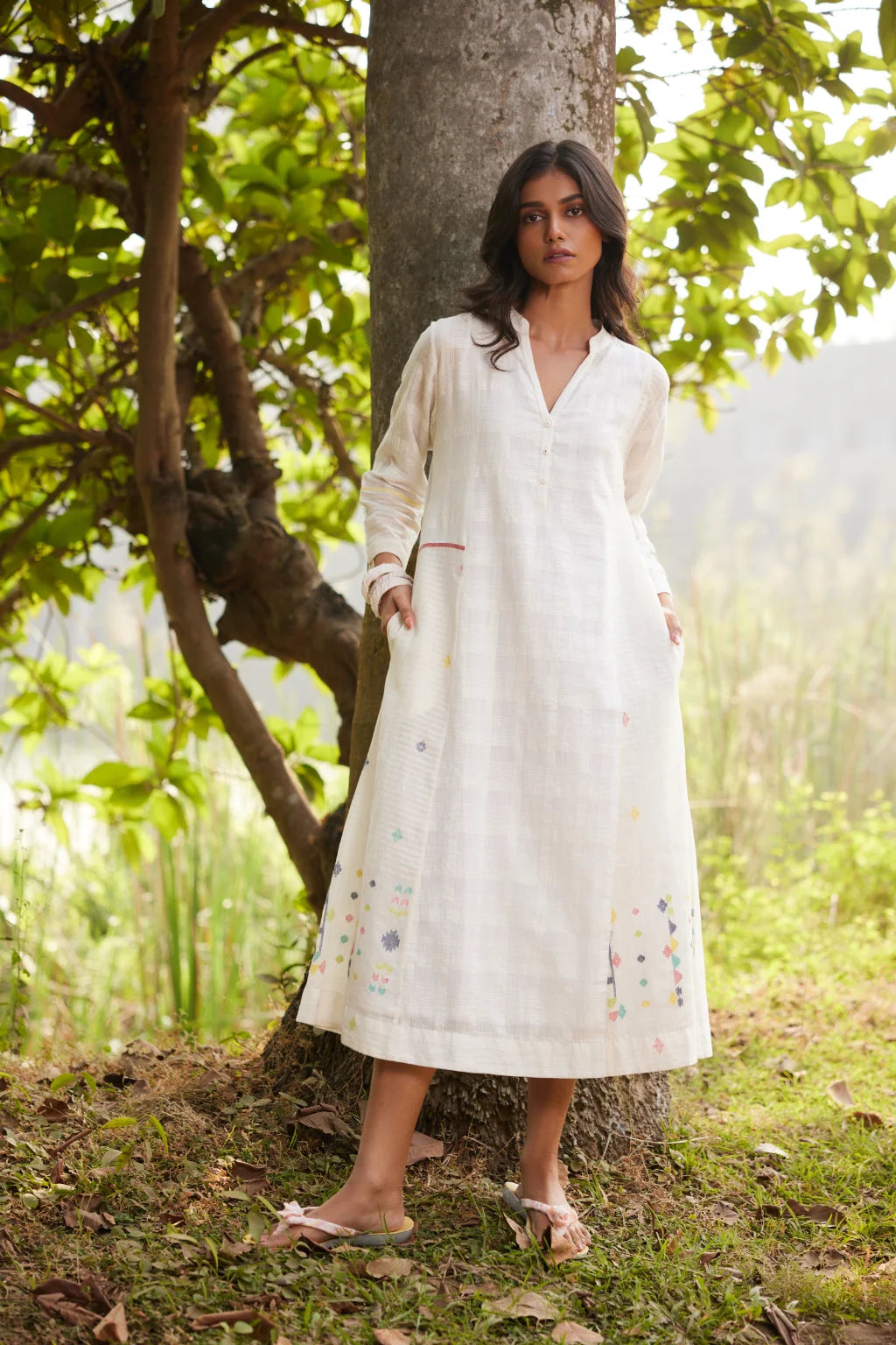 Sarron Lalitha Dress, white patchwork dress in cotton check and cotton Jamdani with geometric motifs.