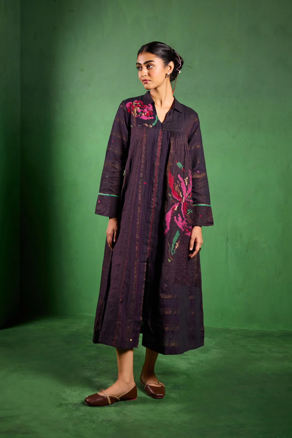 Sarron Madhavi Dress, deep purple silk-cotton Jamdani dress with large graph-style floral motifs and zari stripes.