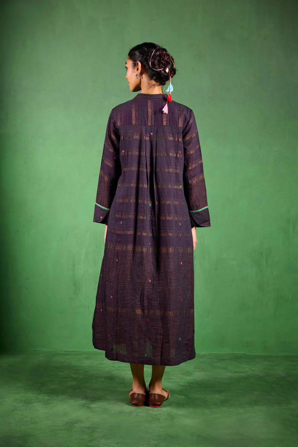 Sarron Madhavi Dress, deep purple silk-cotton Jamdani dress with large graph-style floral motifs and zari stripes.